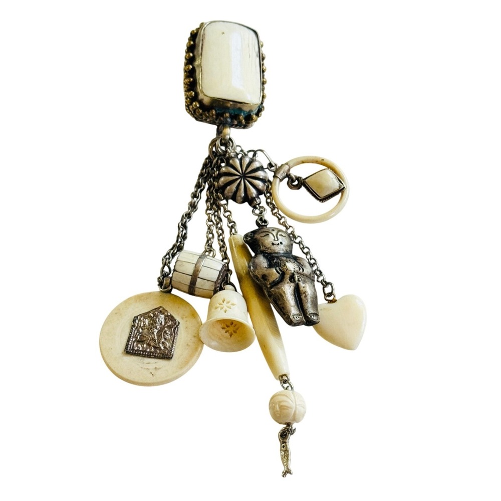 VTG Sandra Burton dangle charm pin brooch beaded bone rare Asian Silver designer